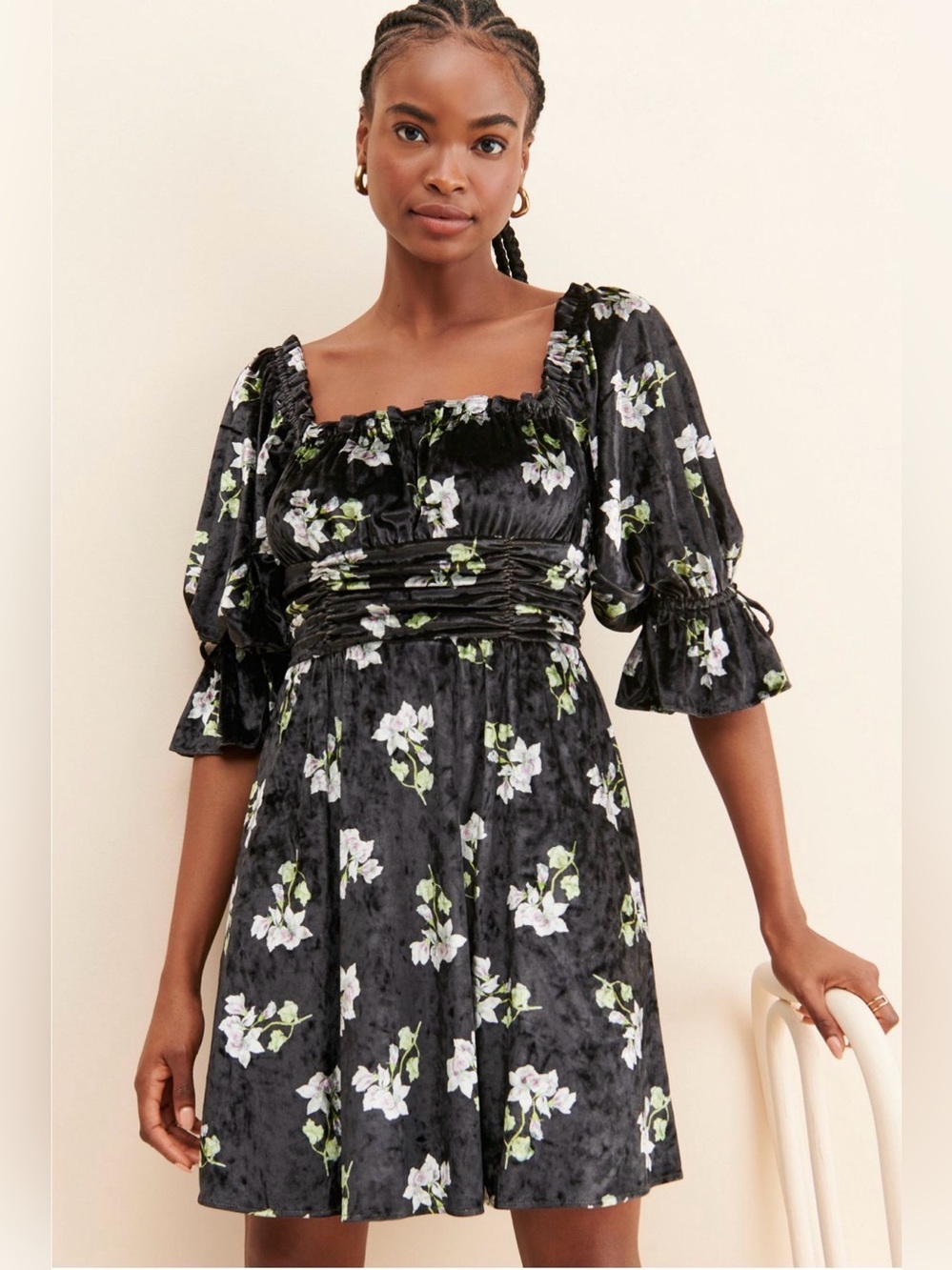 Hutch Anthropologie Velvet Black Floral Square-Neck Puff-Sleeve Mini Dress